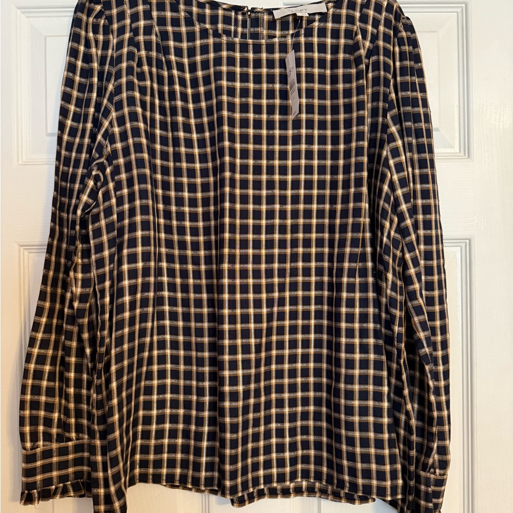 LOFT Navy and Cream Checkered Blouse